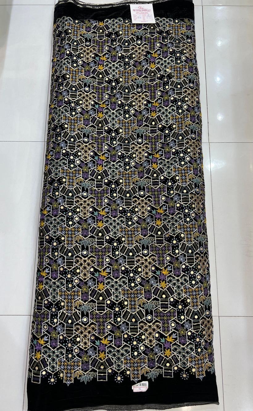 Black velvet hexagon floral hand embroidery fabric